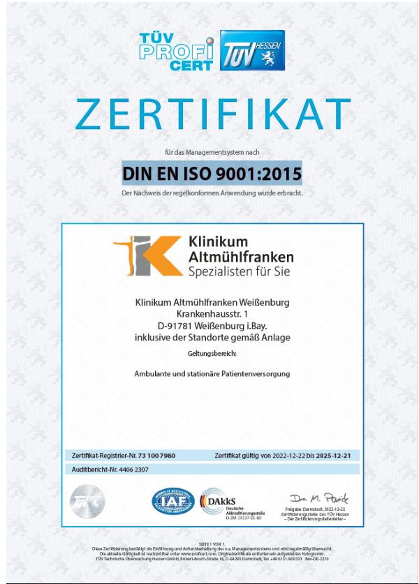 Klinikum Altmühlfranken Zertifikat ISO 9001TÜV ProfiCert TÜV Hessen