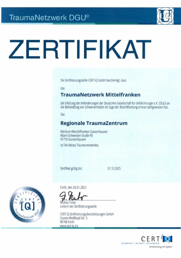 Zertifikat Traumazentrum Cert iQ 2023-2025